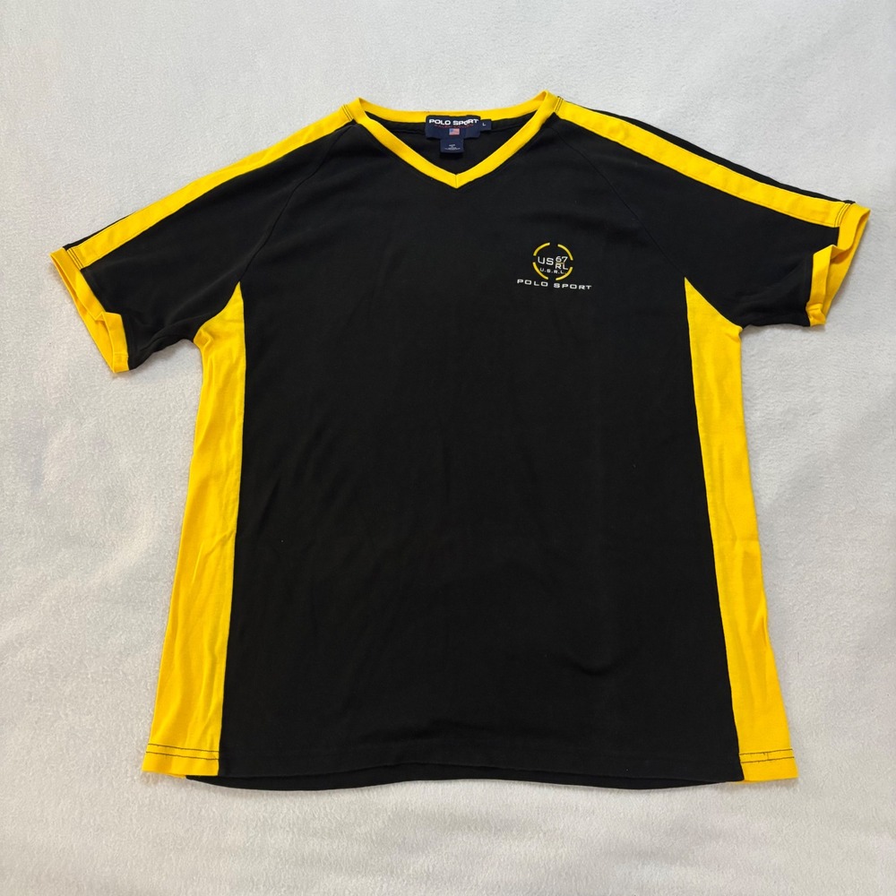 Polo Sport Ralph Lauren Mens V-Neck T-Shirt Black Yellow Colorblock US 67 RL L